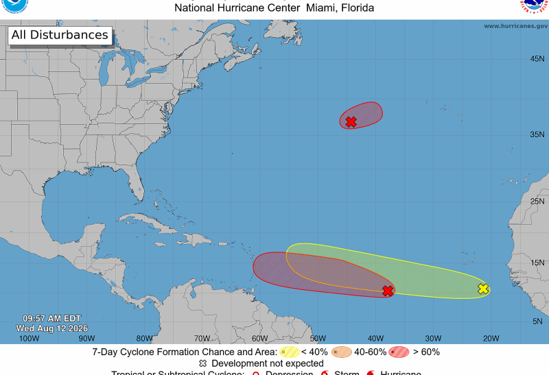 Tres fenómenos en el Atlántico, dos con 80% de convertirse en ciclón tropical.
